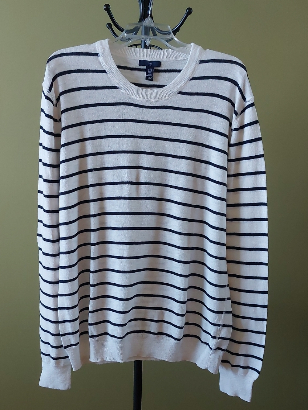 GAP White Crewneck 100% Cotton Sweater with Navy Stripes